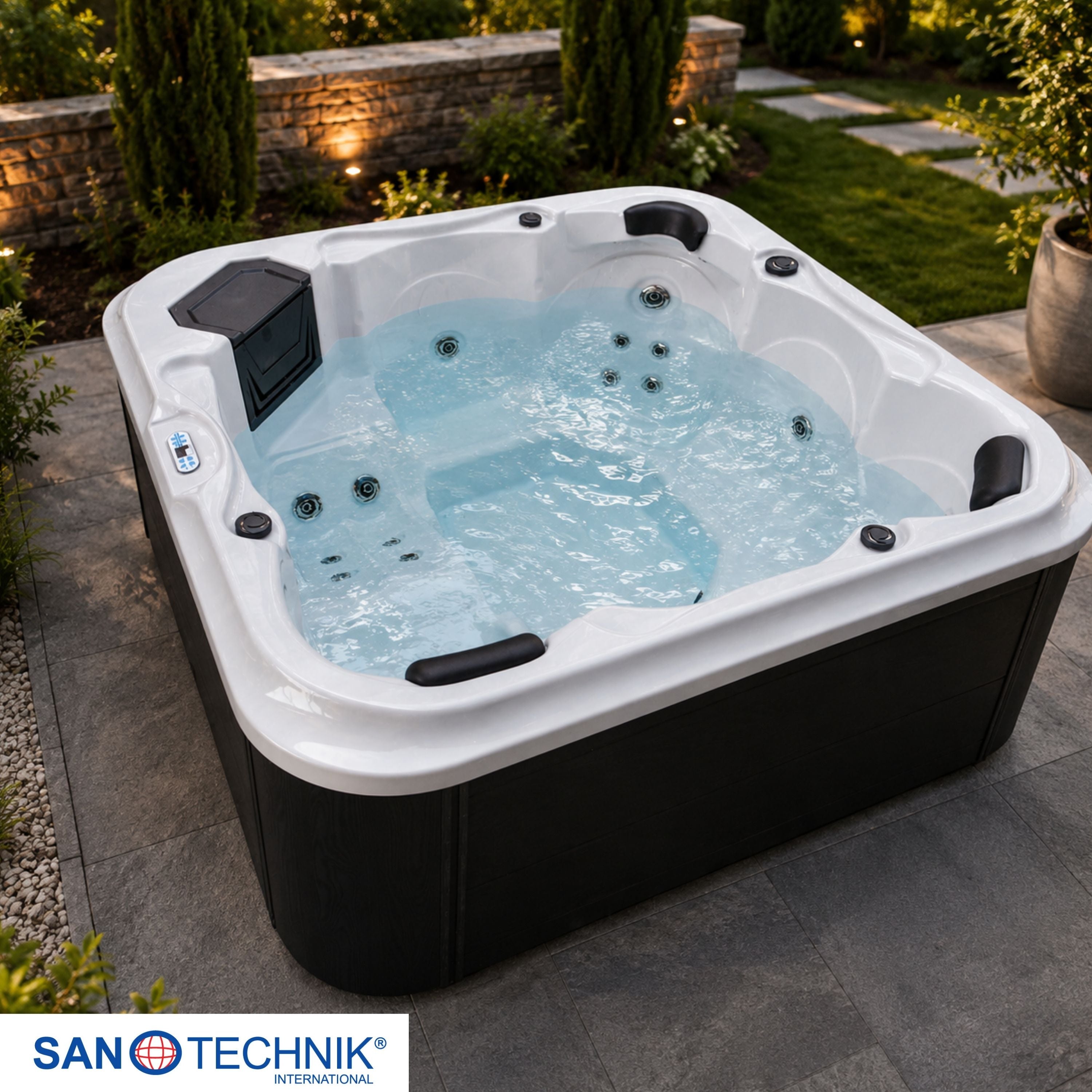 Outdoorwhirlpool TIROL WHITE MARBLE inkl. Abdeckung und Stiege - 210 x 210 x 80 cm frostsicher