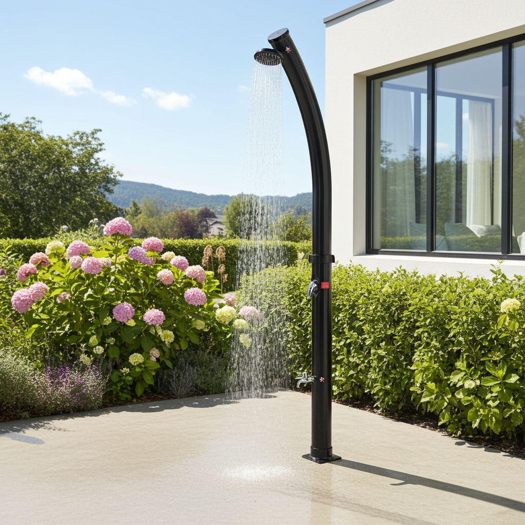 Ducha solar exterior de 20 l con función lavapiés – Negra, diseño curvo