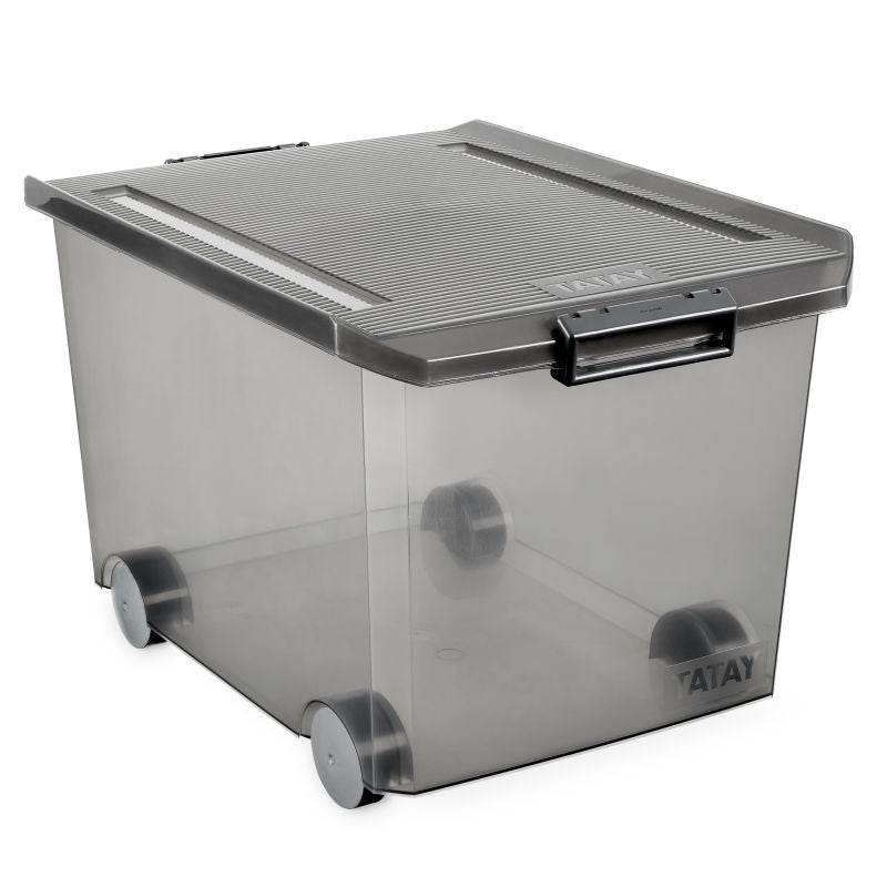 Storage box with lid and wheels Gray 60L