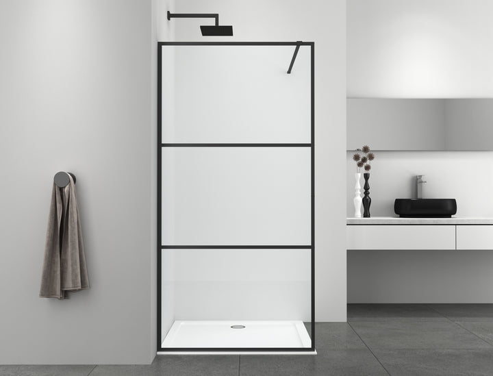 Walk-in shower with 3-part black frame in different sizes