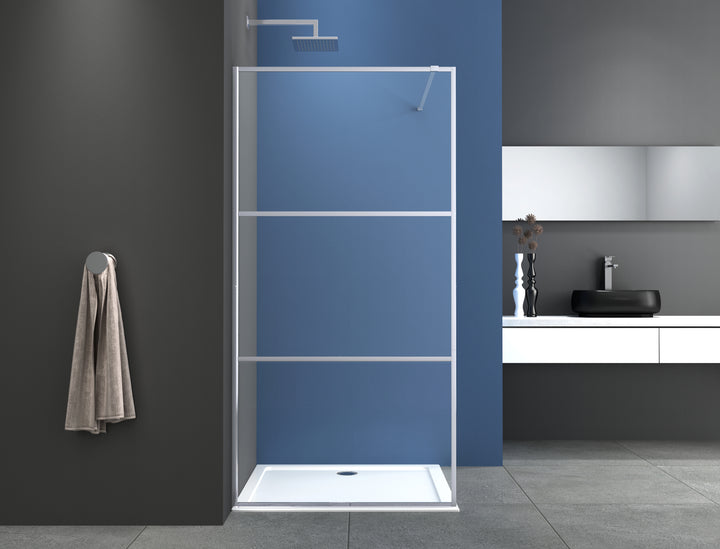 Walk-in shower with 3-part chrome frame in different sizes