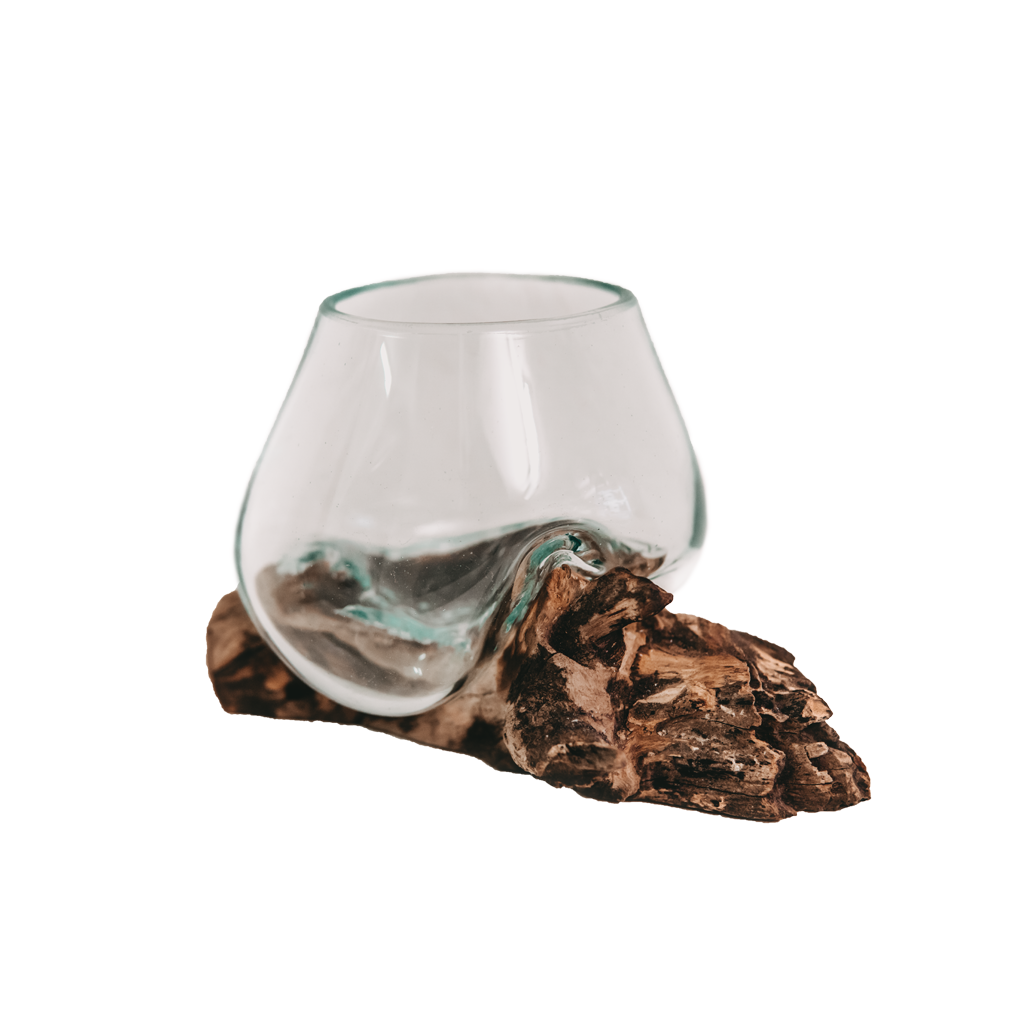 Raíz de teca con jarrón de cristal super mini.