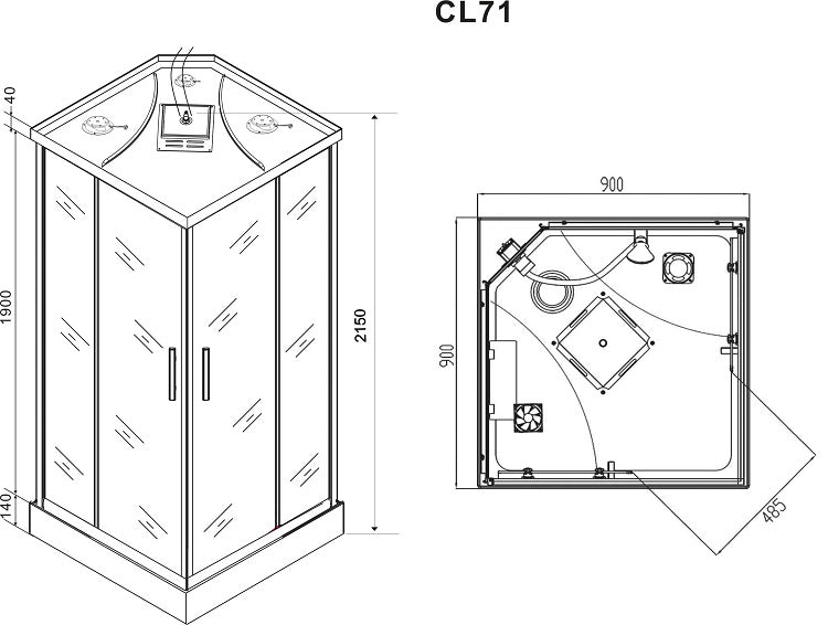 Complete shower cabin TREND 2 with quick assembly 90 x 90 x 215 cm