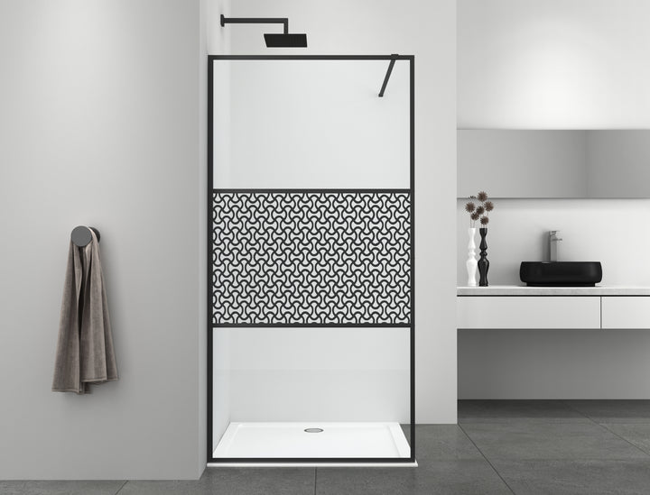 Walk-in shower with 3-part black frame with design glass in different sizes