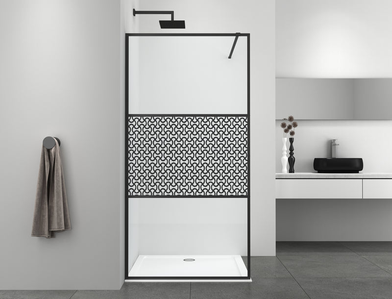Walk In Dusche mit 3 teiligem Rahmen schwarz mit Designglas in verschieden Größen